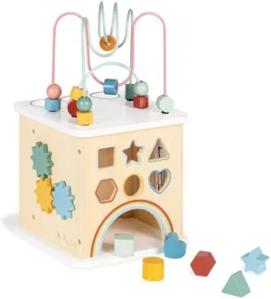 Sanna Wooden Motor Skills Cube, 10 Pieces with 3 Balls, 6 Blocks, Motor Skills Bow, Colourful Varnish, Natural
