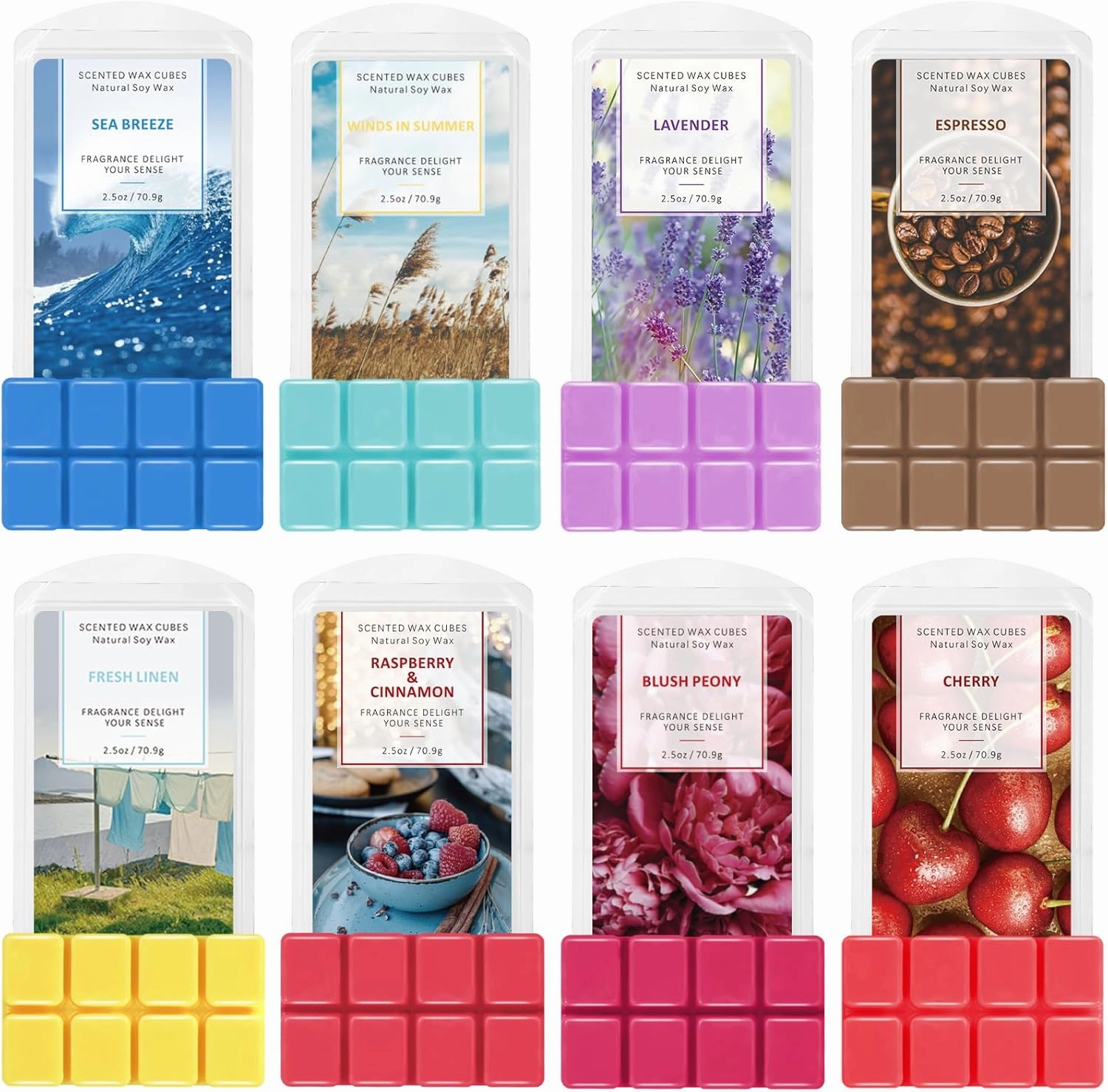 SCENTORINI Wax Melts Wax Cubes, Scented Wax Melts for Warmers, Sea Breeze, Lavender, Linen, Winds in Summer, Cherry, Espresso, Raspberry & Cinnamon, Blush Peony 8 x 2.5 oz