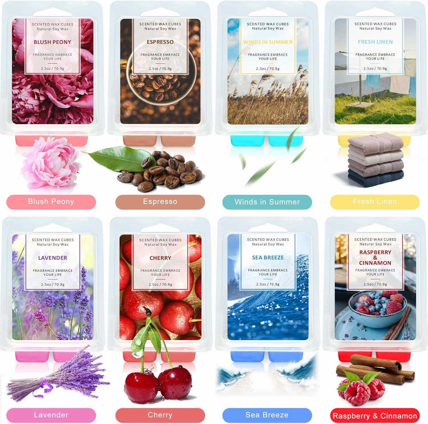 SCENTORINI Wax Melts Wax Cubes, Scented Wax Melts for Warmers, Sea Breeze, Lavender, Linen, Winds in Summer, Cherry, Espresso, Raspberry & Cinnamon, Blush Peony 8 x 2.5 oz