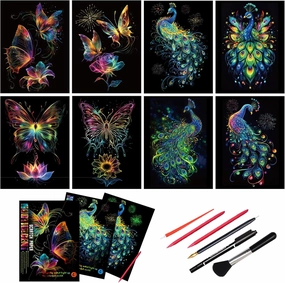 Scratch Art Paper for Adults, 8 Sheets 11.2 x 8.2 inches,Rainbow Scratch Art DIY Craft Gift 5 Paint by Scratch Tools （ Butterfly & Peacock）