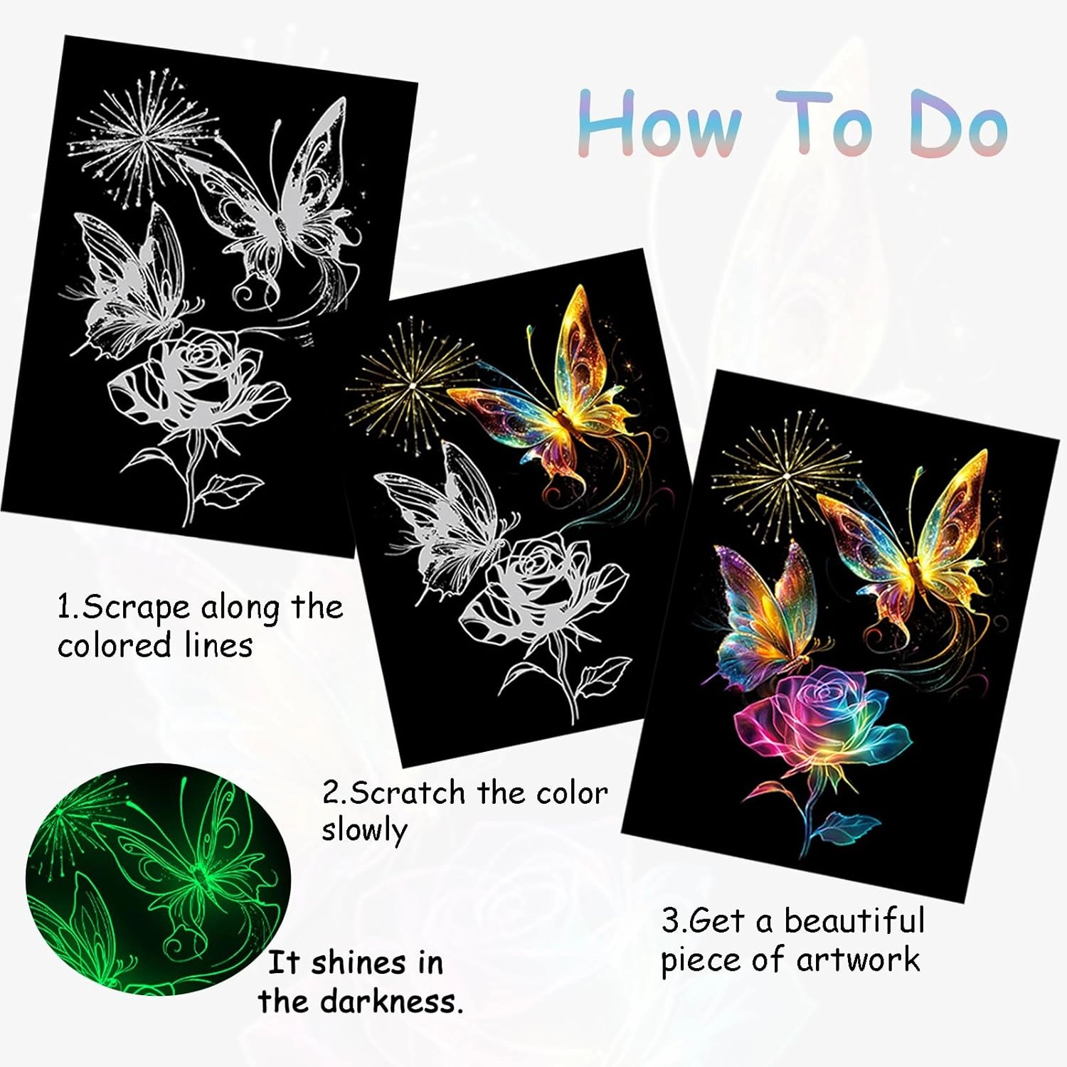 Scratch Art Paper for Adults, 8 Sheets 11.2 x 8.2 inches,Rainbow Scratch Art DIY Craft Gift 5 Paint by Scratch Tools （ Butterfly & Peacock）