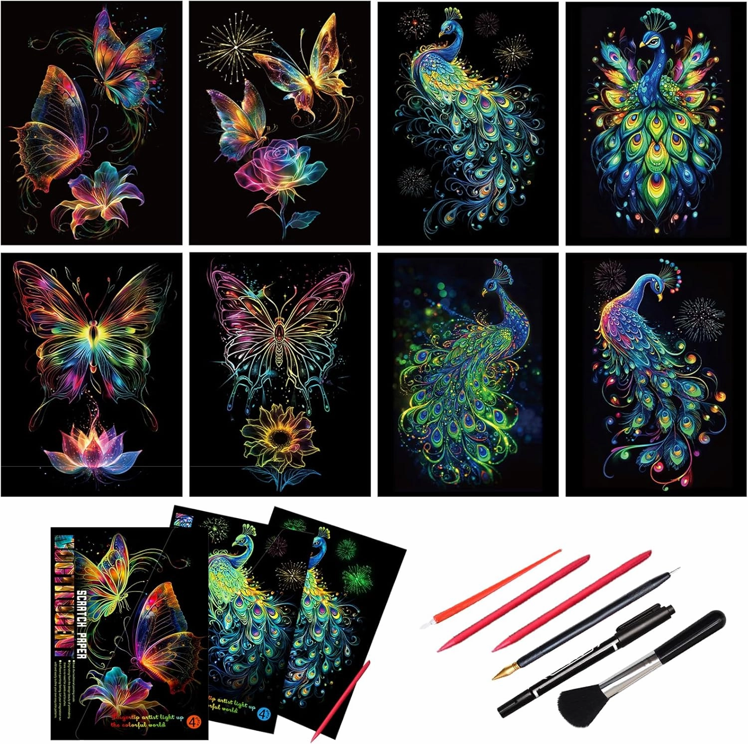 Scratch Art Paper for Adults, 8 Sheets 11.2 x 8.2 inches,Rainbow Scratch Art DIY Craft Gift 5 Paint by Scratch Tools （ Butterfly & Peacock）