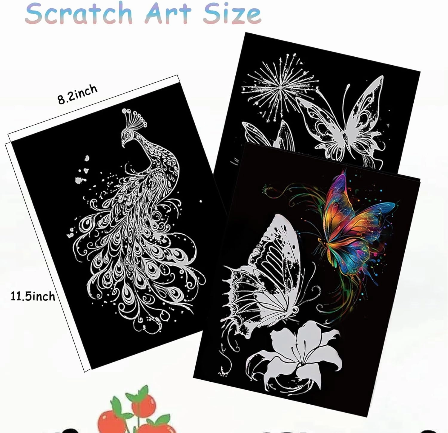 Scratch Art Paper for Adults, 8 Sheets 11.2 x 8.2 inches,Rainbow Scratch Art DIY Craft Gift 5 Paint by Scratch Tools （ Butterfly & Peacock）