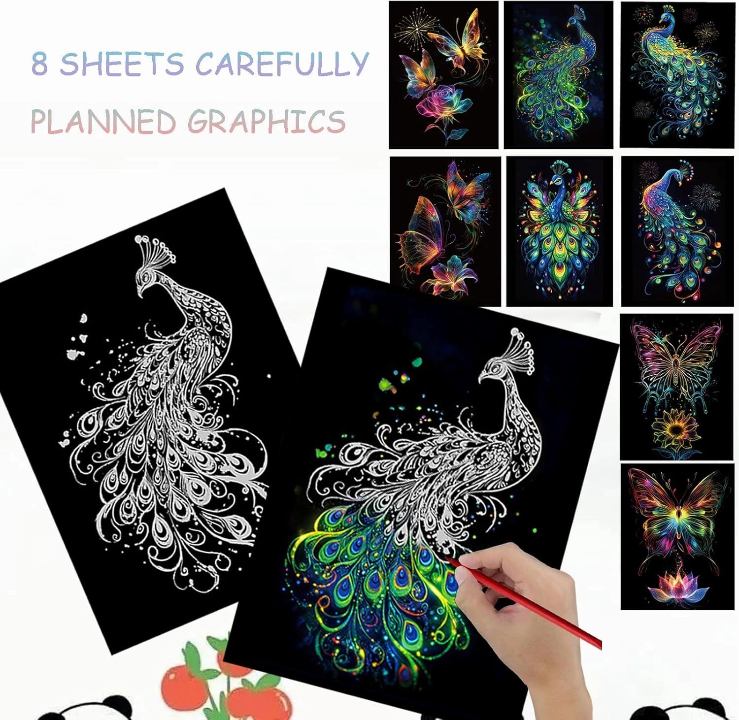 Scratch Art Paper for Adults, 8 Sheets 11.2 x 8.2 inches,Rainbow Scratch Art DIY Craft Gift 5 Paint by Scratch Tools （ Butterfly & Peacock）