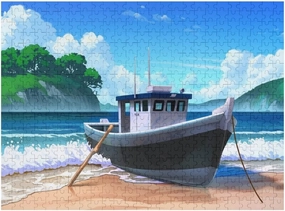 Seaside Fishing Boat Wooden Puzzles for Adults 500 Pieces Jigsaw Puzzle – Anime-Style Ocean View with Sailor Life