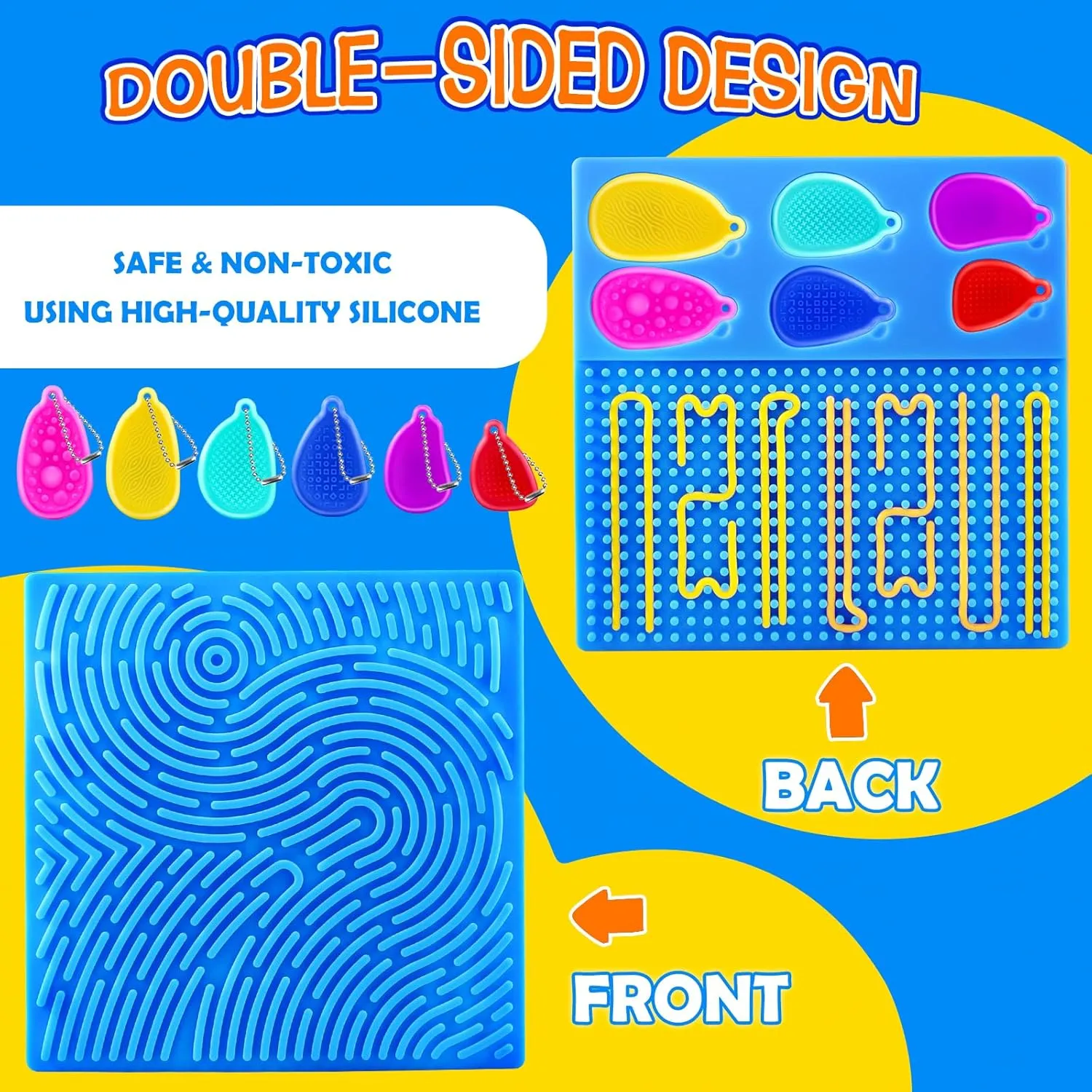 Sensory Activity Board: Double-Sided Silicone Fidget Toys with 6 Sensory Worry Stones for Calming, Stress, Anxiety, Focus,ADHD & Autism, Portable with Travel Bag & 24 Strings (Blue)