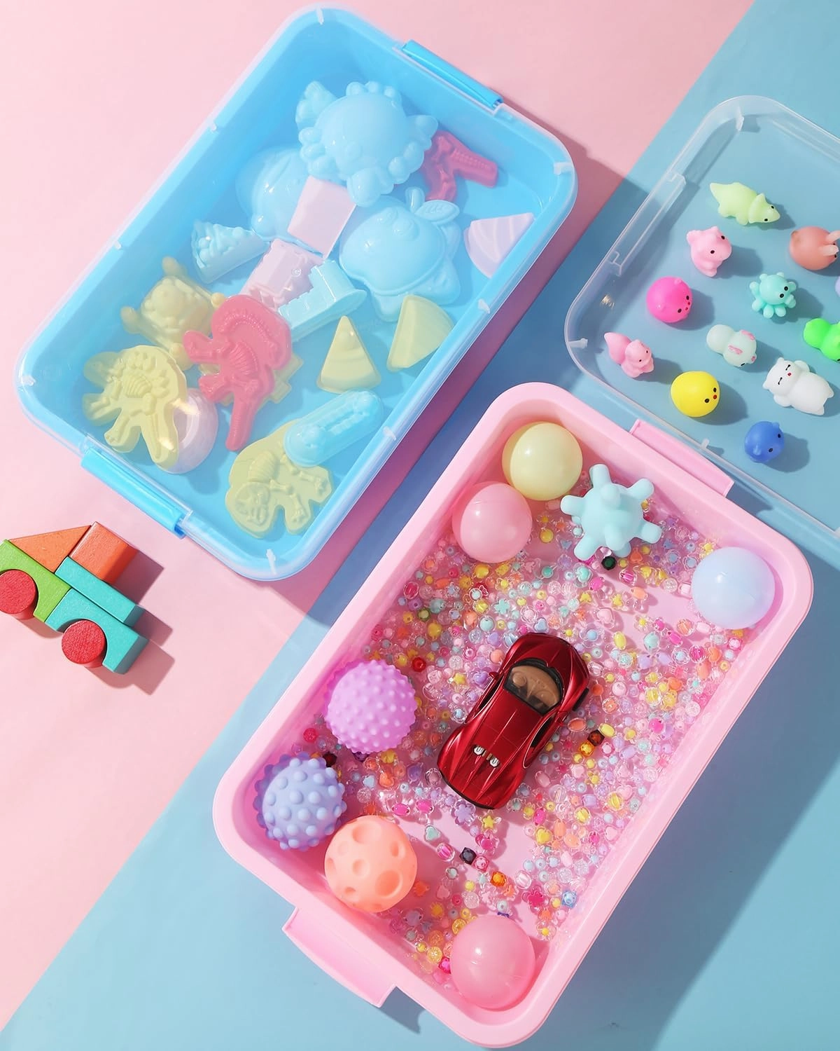Sensory Bin Sand Tray with Lid for Toddlers 2 Pcs 15in Portable Sandbox Toy Large Plastic Tray for Kids 3 4 5 6 Fill with Sand, Water, Beads, and More (Pink   Blue)