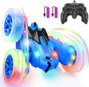 SGILE Stunt Car with Sides & Headlights, 2.4Ghz Double Sided 360 Flips Race Car, Rechargeable RC Kids Toy for Boys & Girls Birthday Gift, Blue