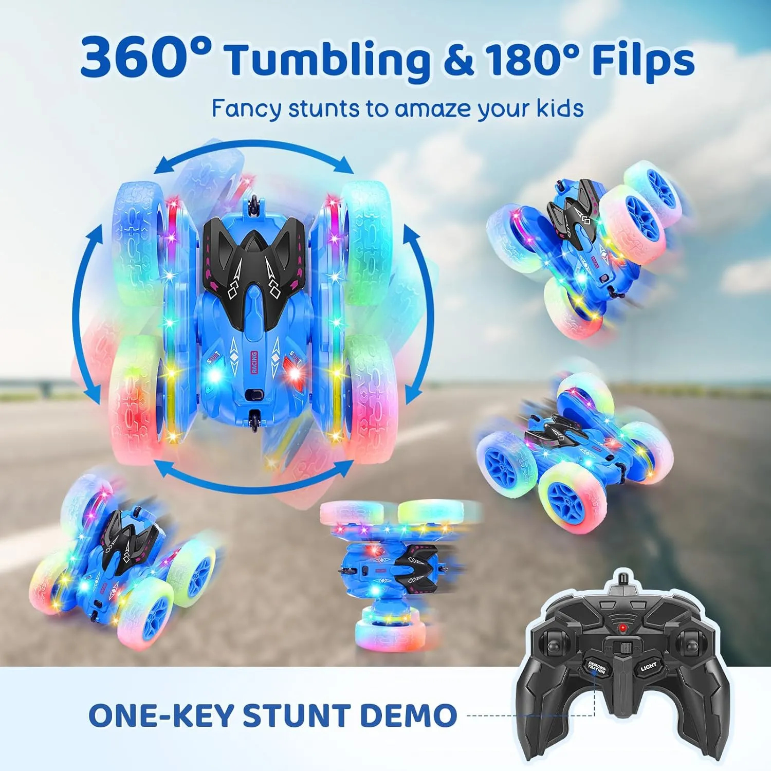SGILE Stunt Car with Sides & Headlights, 2.4Ghz Double Sided 360 Flips Race Car, Rechargeable RC Kids Toy for Boys & Girls Birthday Gift, Blue