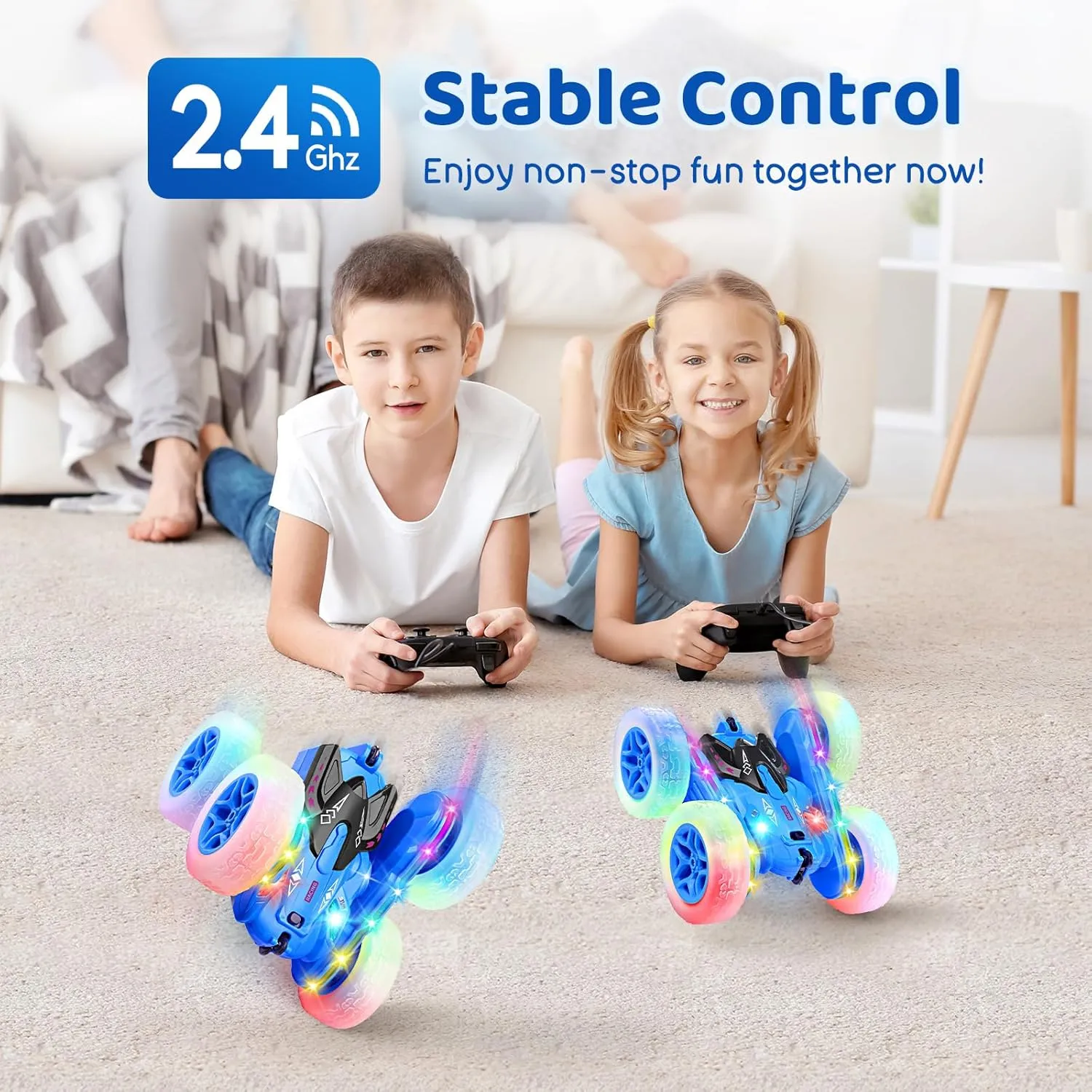 SGILE Stunt Car with Sides & Headlights, 2.4Ghz Double Sided 360 Flips Race Car, Rechargeable RC Kids Toy for Boys & Girls Birthday Gift, Blue