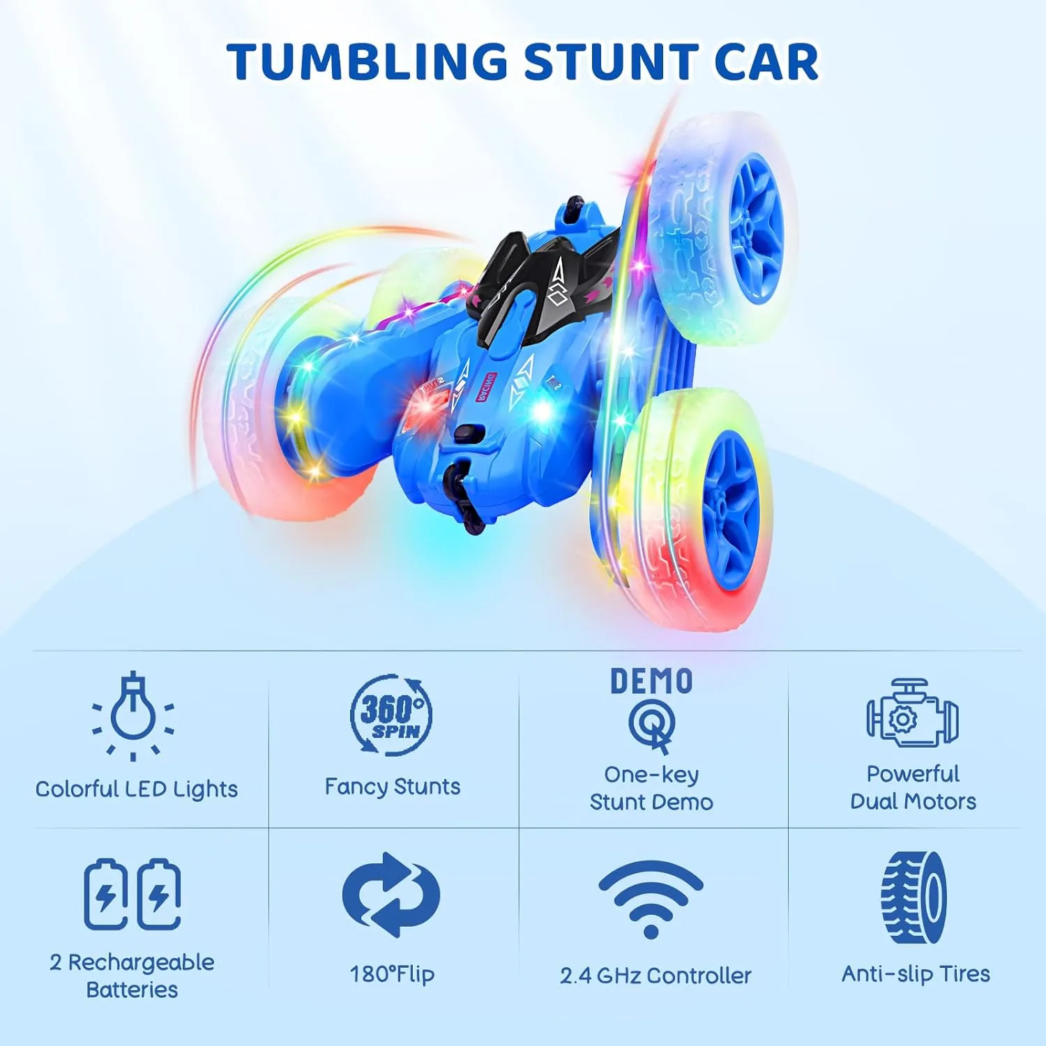 SGILE Stunt Car with Sides & Headlights, 2.4Ghz Double Sided 360 Flips Race Car, Rechargeable RC Kids Toy for Boys & Girls Birthday Gift, Blue