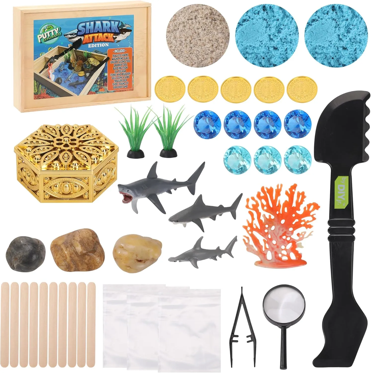 Shark Attack Putty Explorers Educational Sensory Kit with Wooden Play Box Ocean Life Moldable Explorer Sand Kit Treasure Chest Kids STEM Toys Ages 5  Science Teacher Classroom Gifts Easter Basket Idea