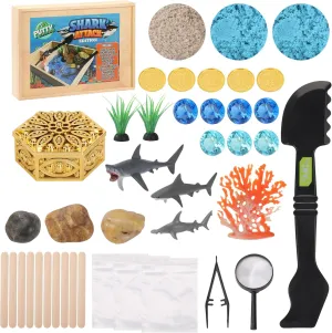 Shark Attack Putty Explorers Educational Sensory Kit with Wooden Play Box Ocean Life Moldable Explorer Sand Kit Treasure Chest Kids STEM Toys Ages 5  Science Teacher Classroom Gifts Easter Basket Idea