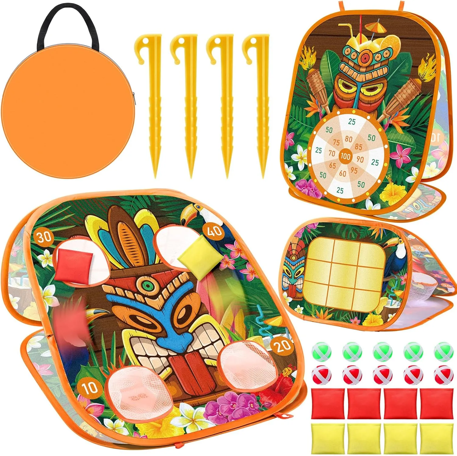 ShinyRelief 3 in1 Tiki Bean Bag Toss Game Limbo Game Luau Party Games Hawaiian Game Outside Toys Outdoor Games Kids Gift for Toddlers Boy Girls Summer Tropical Carnival Party Supplies Basket Stuffers