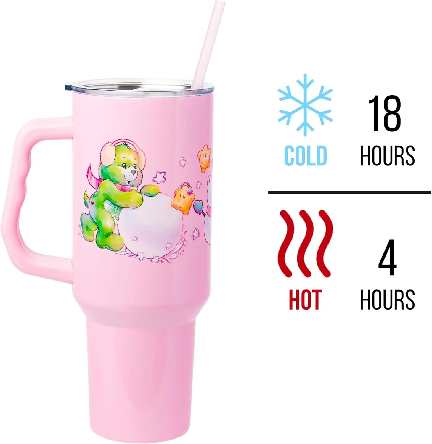 Silver Buffalo Care Bears Christmas Cuties Winter Fun Featuring Good Luck Bear, Cheer, and Christmas Wishes Bear Stainless Steel Tumbler with Handle and Straw, Fits in Standard Cup Holder, 40 Ounces