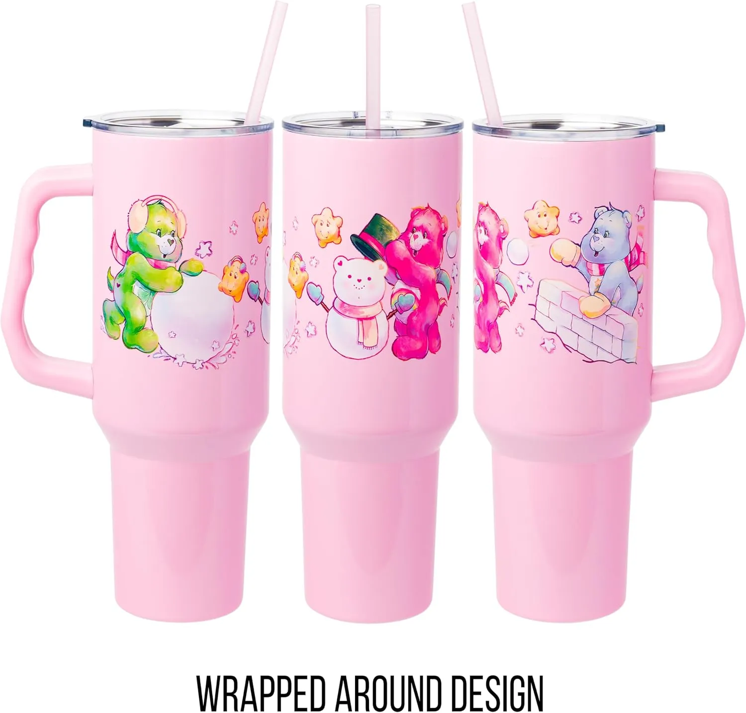 Silver Buffalo Care Bears Christmas Cuties Winter Fun Featuring Good Luck Bear, Cheer, and Christmas Wishes Bear Stainless Steel Tumbler with Handle and Straw, Fits in Standard Cup Holder, 40 Ounces