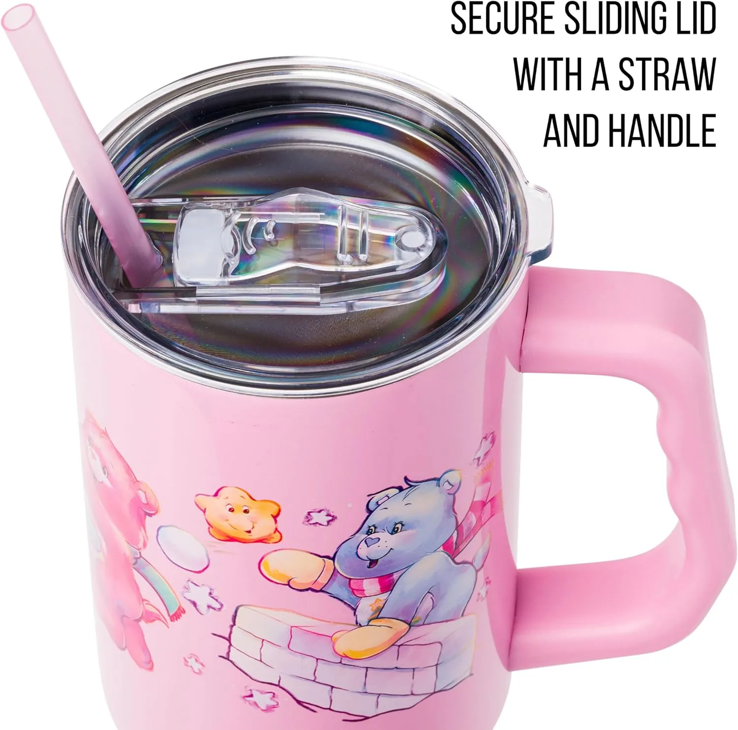 Silver Buffalo Care Bears Christmas Cuties Winter Fun Featuring Good Luck Bear, Cheer, and Christmas Wishes Bear Stainless Steel Tumbler with Handle and Straw, Fits in Standard Cup Holder, 40 Ounces