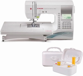 SINGER 9960 Sewing & Quilting Machine With Accessory Kit, Extension Table - 1,172 Stitches   SINGER Bobbin Winder for Class 15 and 15J Bobbins - Battery Powered with Included Power Adapter, White