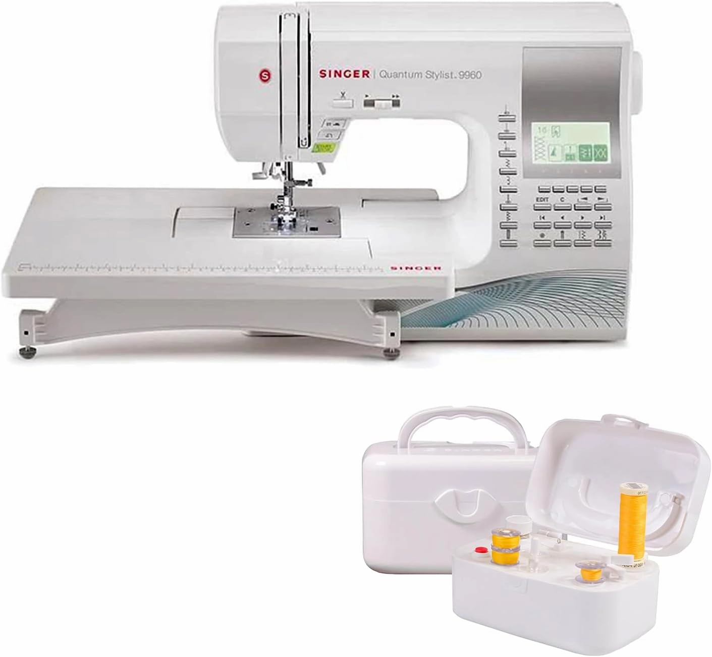 SINGER 9960 Sewing & Quilting Machine With Accessory Kit, Extension Table - 1,172 Stitches   SINGER Bobbin Winder for Class 15 and 15J Bobbins - Battery Powered with Included Power Adapter, White