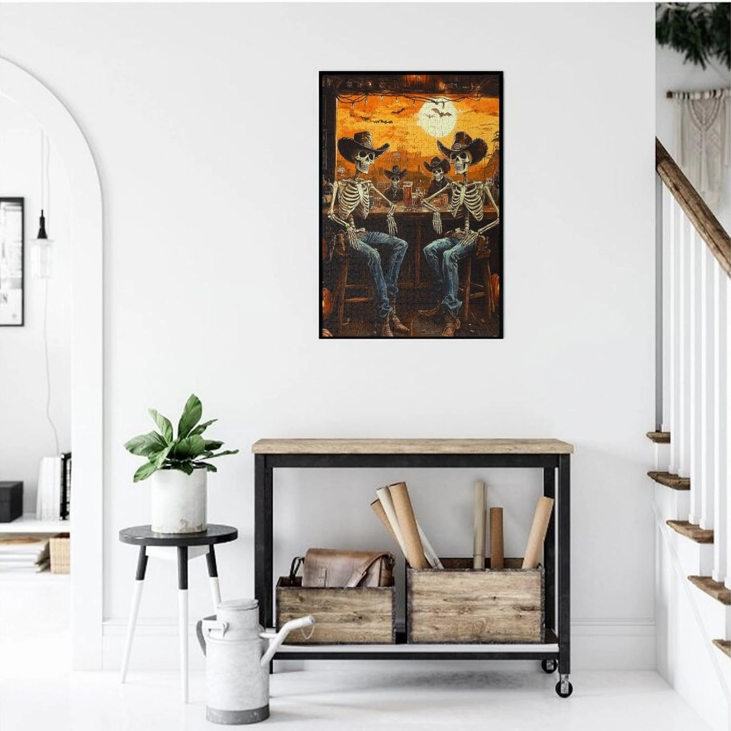 Skeletal Partying at Sunset Drinks Table,1000 Piece Wooden Puzzle for Adults,Brain Training Challenge,Stress Relief Activity,Macabre Desert Happy Hour Artwork,Eco-Friendly Pieces
