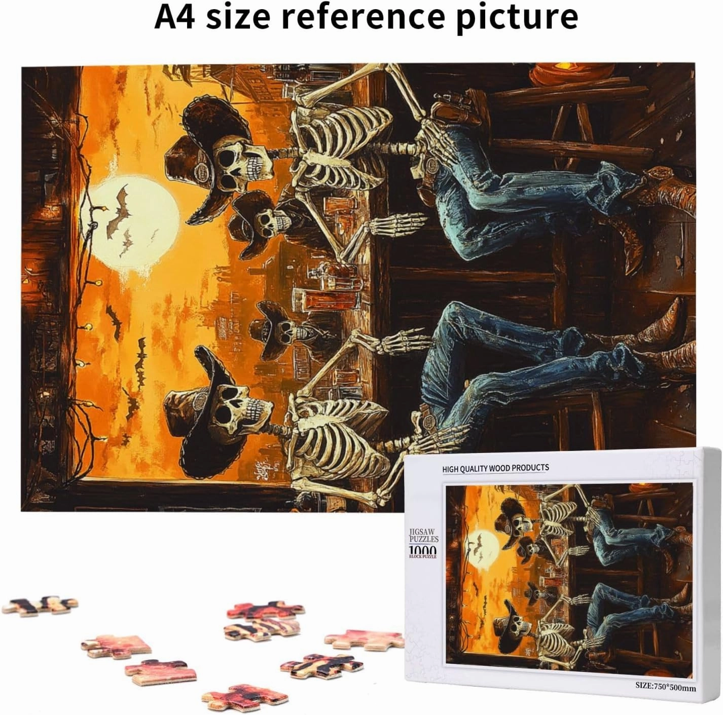Skeletal Partying at Sunset Drinks Table,1000 Piece Wooden Puzzle for Adults,Brain Training Challenge,Stress Relief Activity,Macabre Desert Happy Hour Artwork,Eco-Friendly Pieces