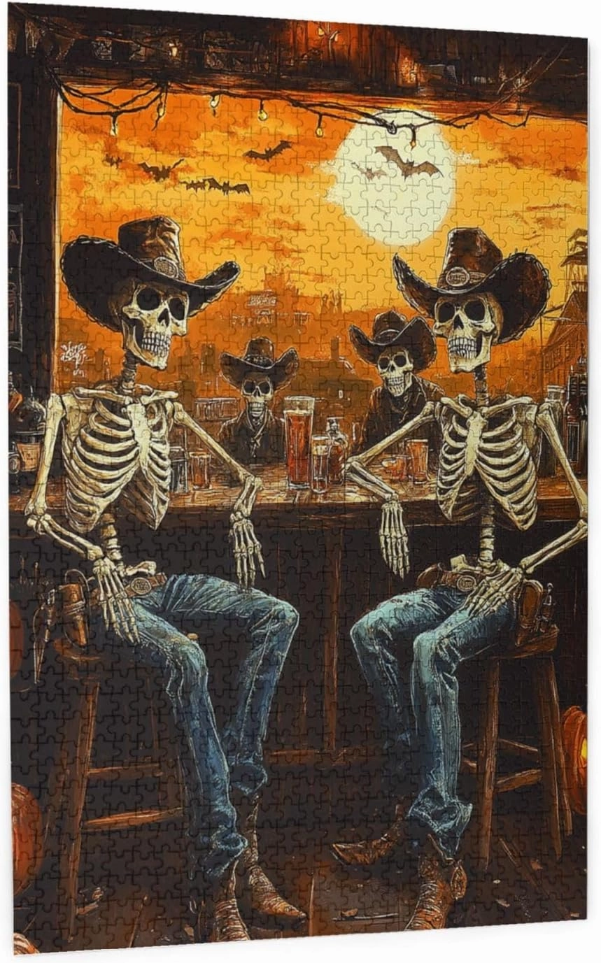 Skeletal Partying at Sunset Drinks Table,1000 Piece Wooden Puzzle for Adults,Brain Training Challenge,Stress Relief Activity,Macabre Desert Happy Hour Artwork,Eco-Friendly Pieces