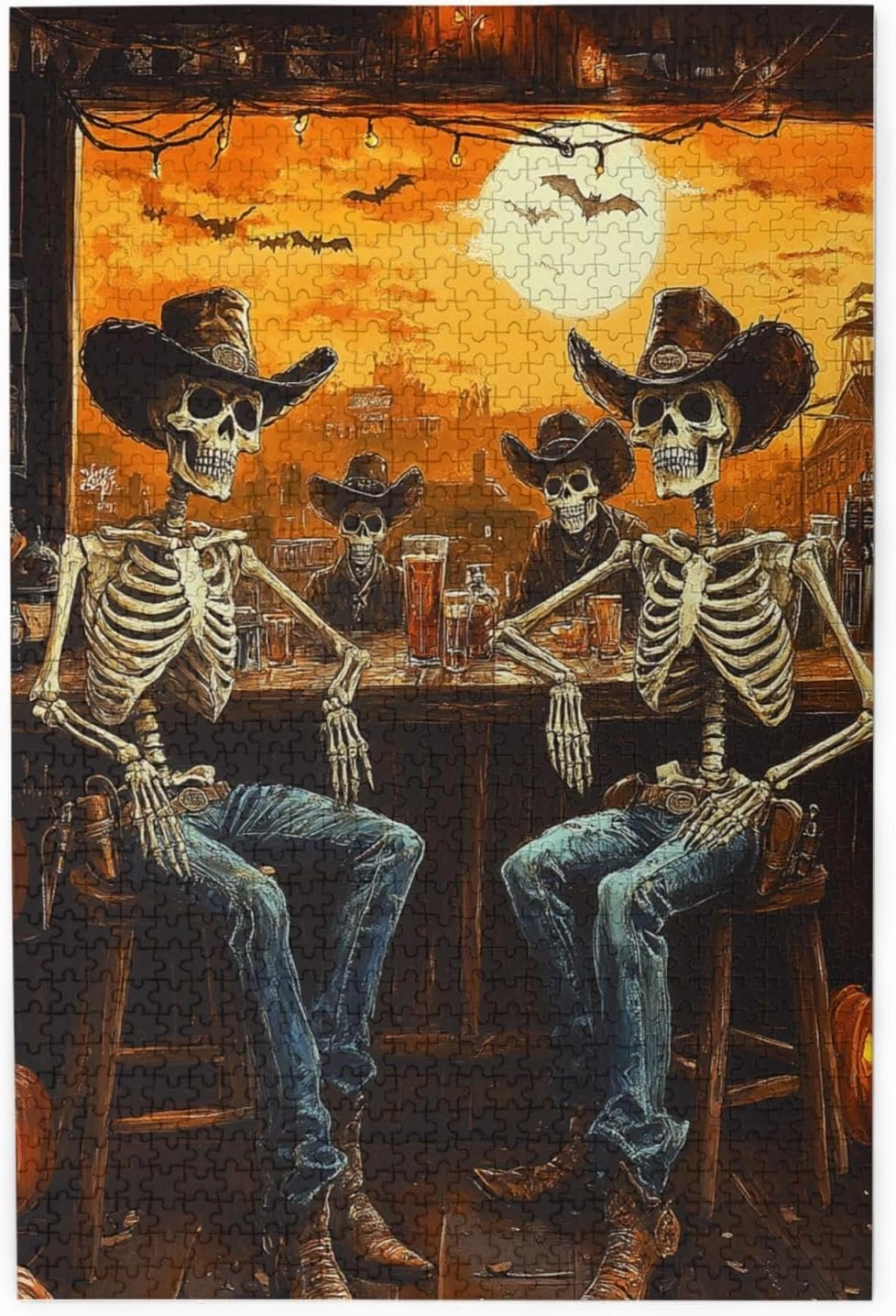 Skeletal Partying at Sunset Drinks Table,1000 Piece Wooden Puzzle for Adults,Brain Training Challenge,Stress Relief Activity,Macabre Desert Happy Hour Artwork,Eco-Friendly Pieces