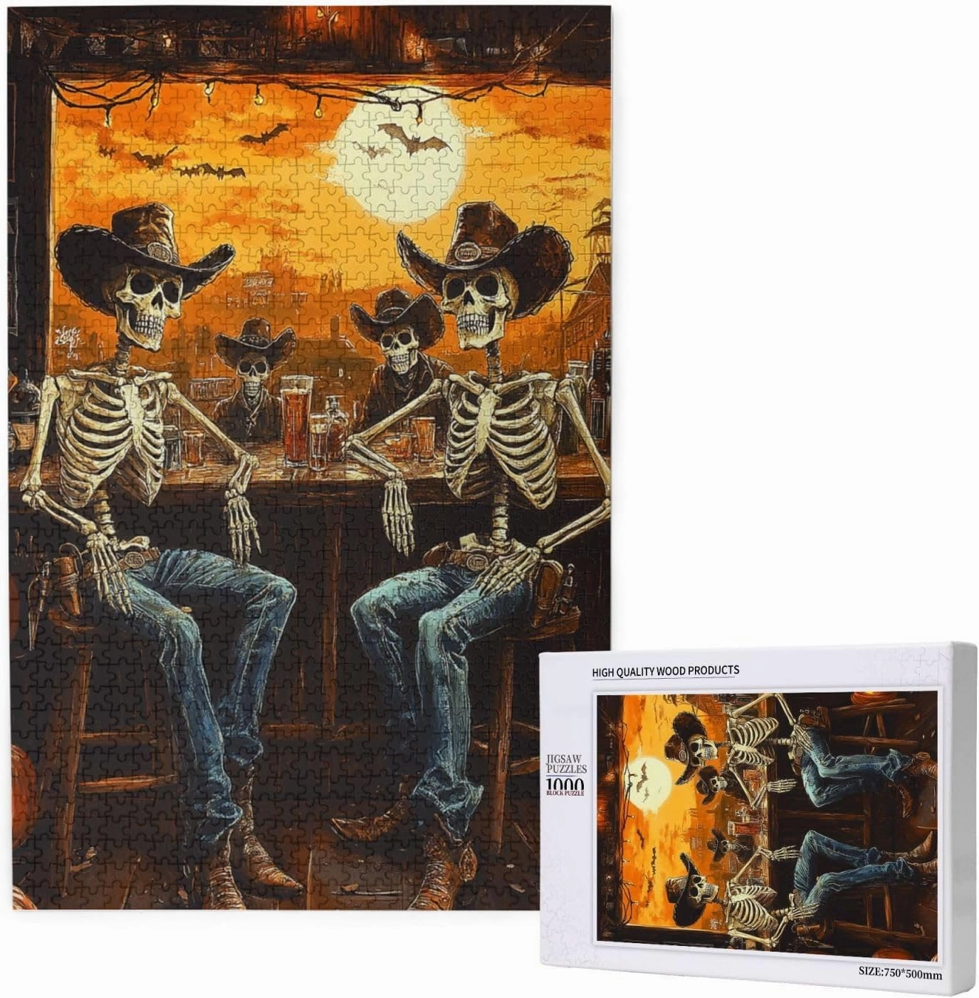 Skeletal Partying at Sunset Drinks Table,1000 Piece Wooden Puzzle for Adults,Brain Training Challenge,Stress Relief Activity,Macabre Desert Happy Hour Artwork,Eco-Friendly Pieces