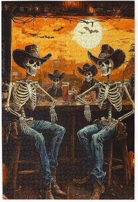 Skeletal Partying at Sunset Drinks Table,1000 Piece Wooden Puzzle for Adults,Brain Training Challenge,Stress Relief Activity,Macabre Desert Happy Hour Artwork,Eco-Friendly Pieces