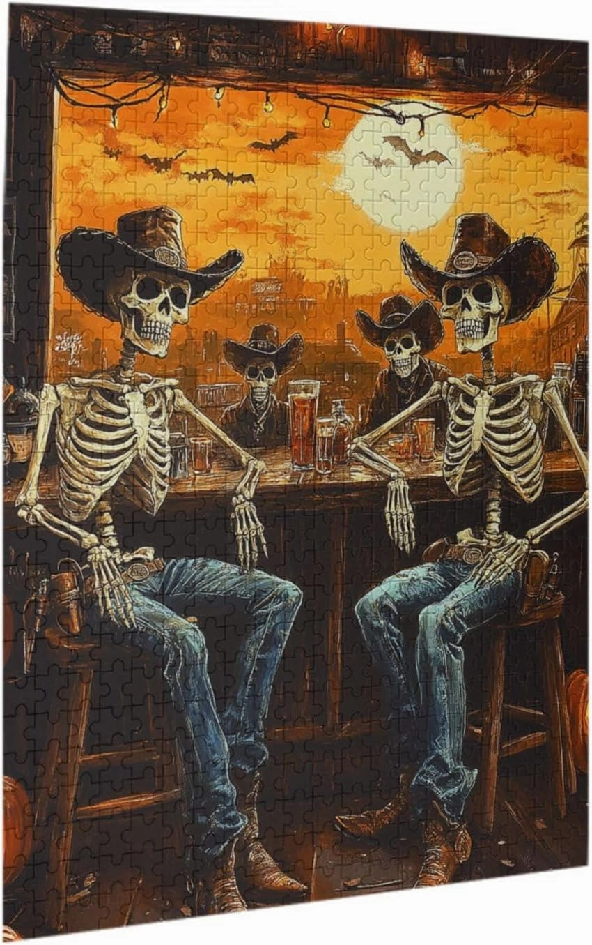Skeletal Partying at Sunset Drinks Table,500 Piece Wooden Puzzle for Adults,Brain Training Challenge,Stress Relief Activity,Macabre Desert Happy Hour Artwork,Eco-Friendly Pieces