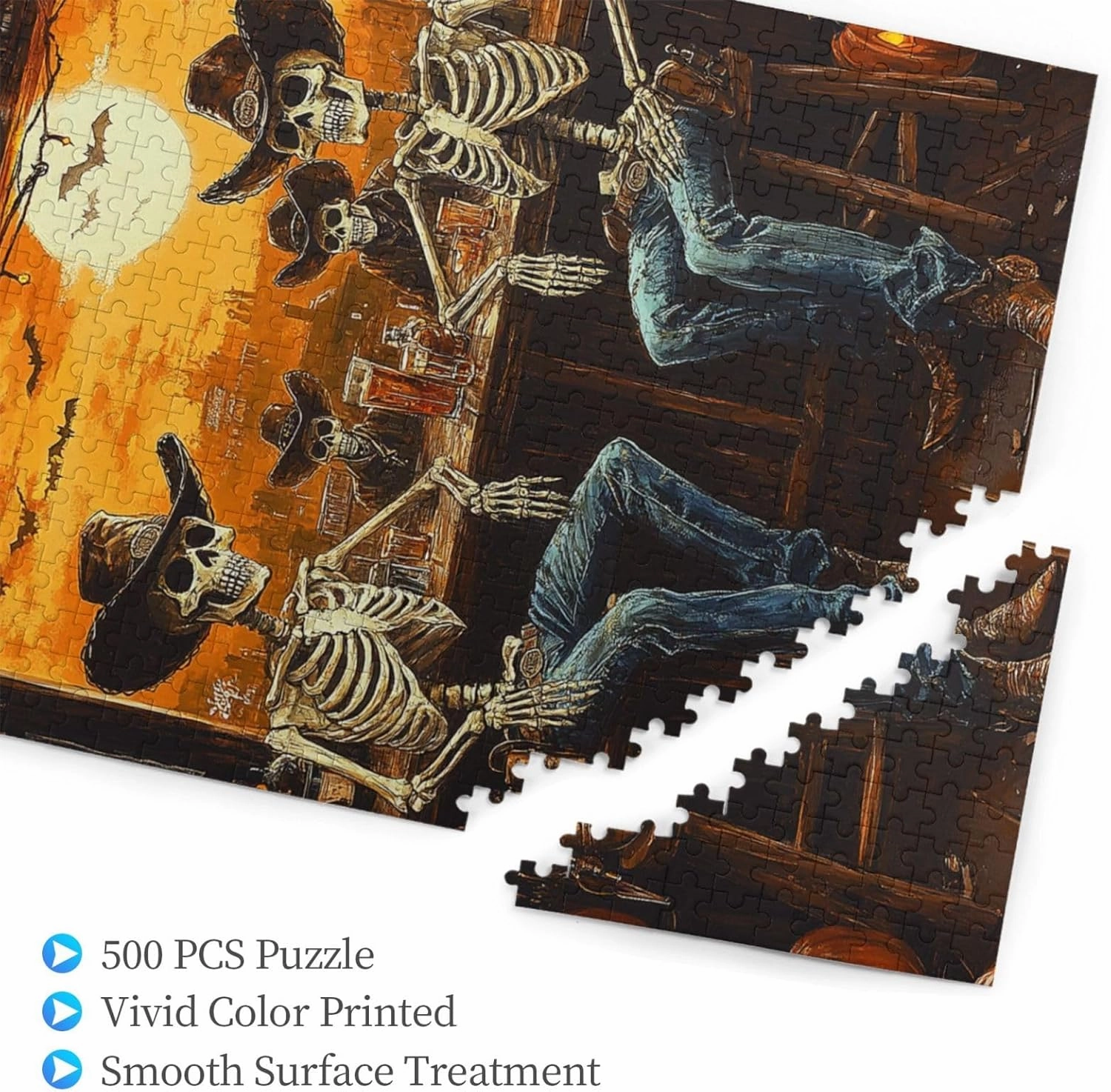 Skeletal Partying at Sunset Drinks Table,500 Piece Wooden Puzzle for Adults,Brain Training Challenge,Stress Relief Activity,Macabre Desert Happy Hour Artwork,Eco-Friendly Pieces