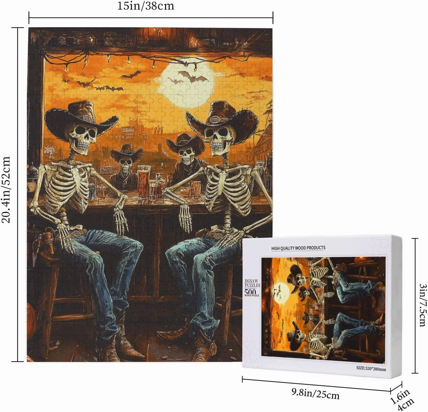 Skeletal Partying at Sunset Drinks Table,500 Piece Wooden Puzzle for Adults,Brain Training Challenge,Stress Relief Activity,Macabre Desert Happy Hour Artwork,Eco-Friendly Pieces