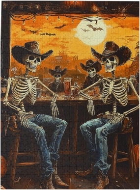 Skeletal Partying at Sunset Drinks Table,500 Piece Wooden Puzzle for Adults,Brain Training Challenge,Stress Relief Activity,Macabre Desert Happy Hour Artwork,Eco-Friendly Pieces