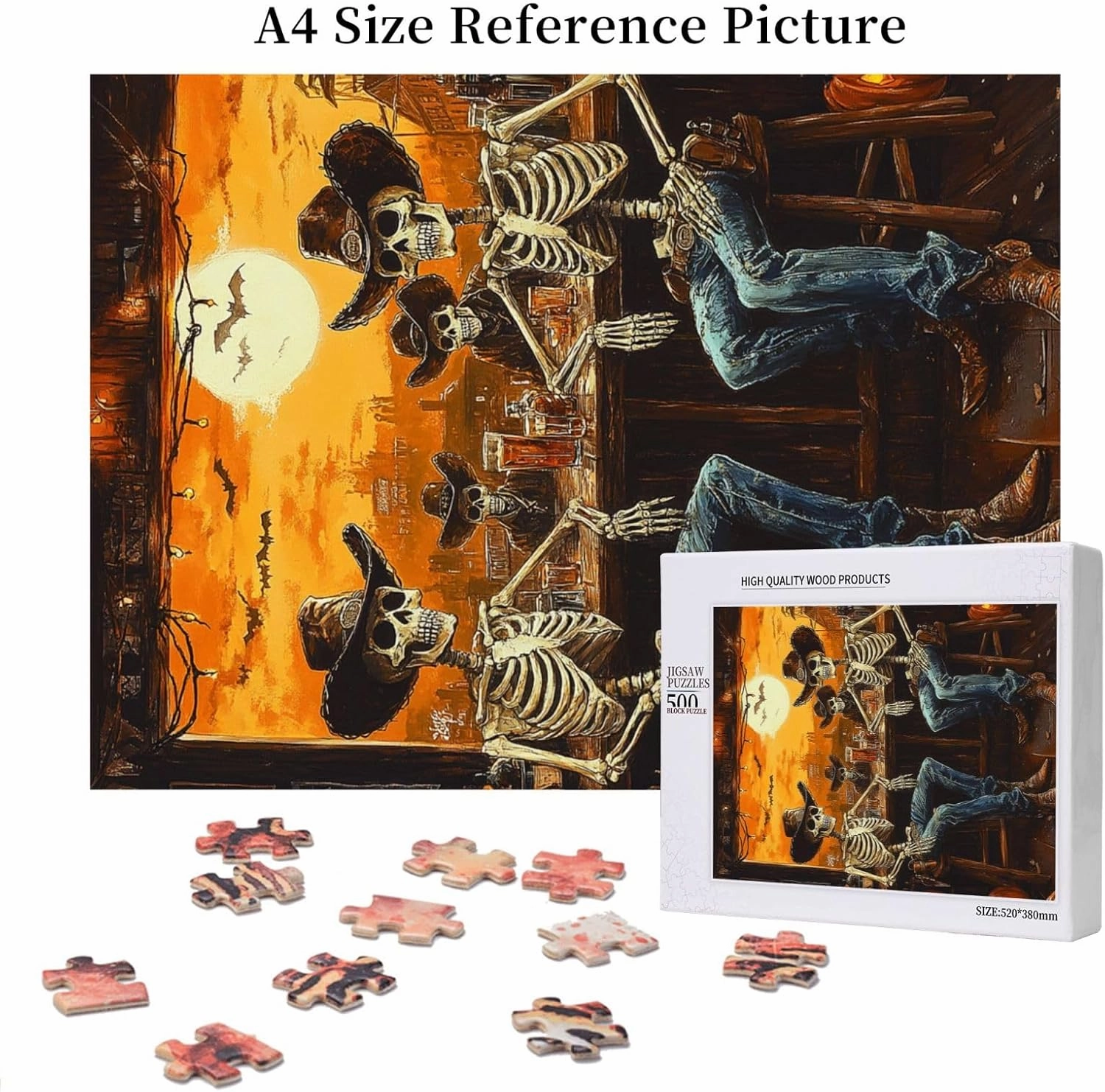 Skeletal Partying at Sunset Drinks Table,500 Piece Wooden Puzzle for Adults,Brain Training Challenge,Stress Relief Activity,Macabre Desert Happy Hour Artwork,Eco-Friendly Pieces