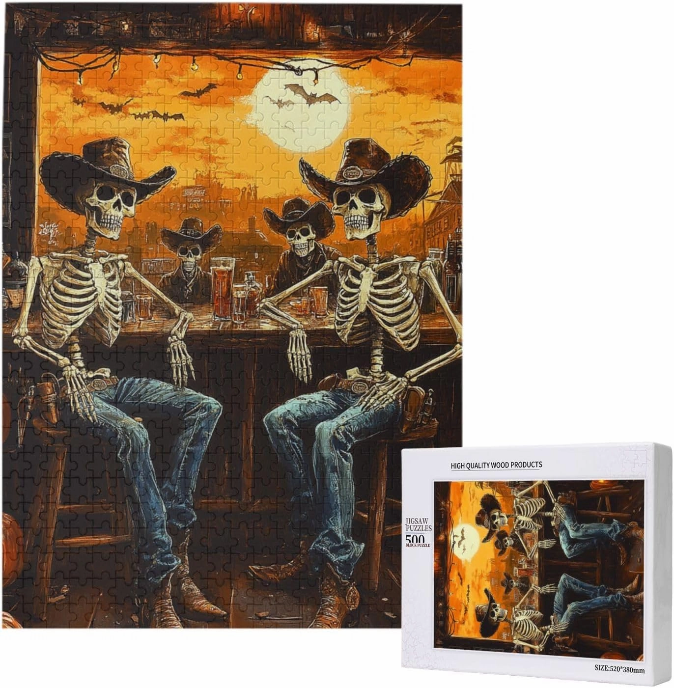 Skeletal Partying at Sunset Drinks Table,500 Piece Wooden Puzzle for Adults,Brain Training Challenge,Stress Relief Activity,Macabre Desert Happy Hour Artwork,Eco-Friendly Pieces