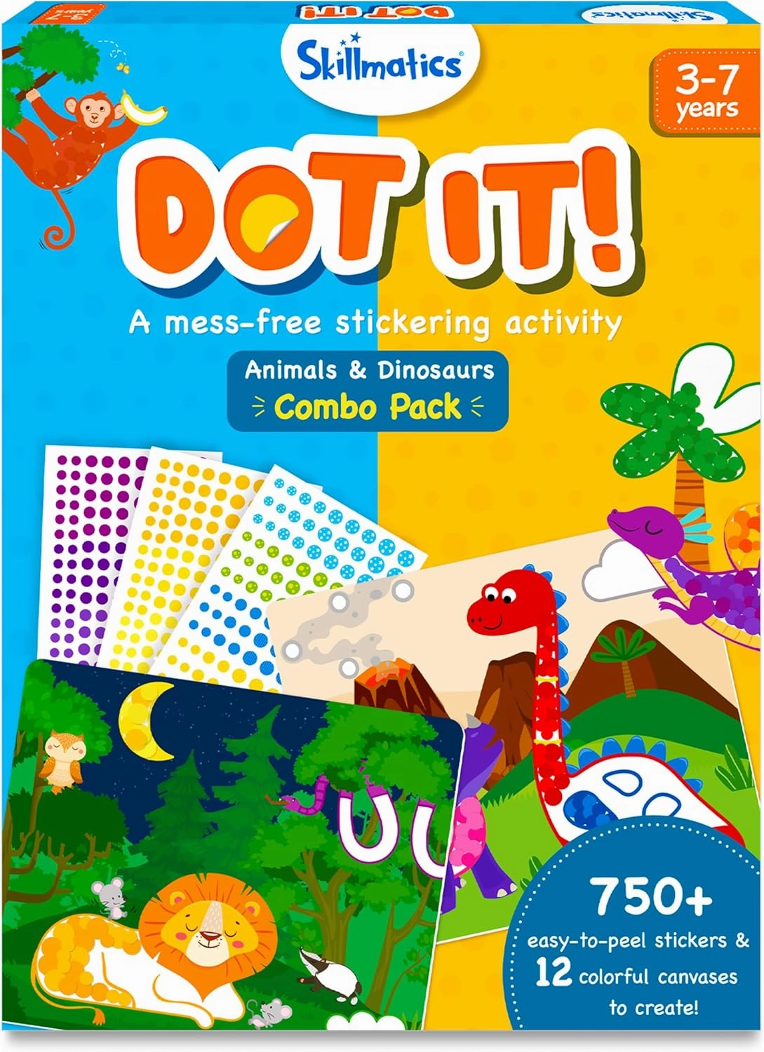 Skillmatics Dot It Sticker Art - Animals & Dinosaurs Combo, Mess-Free Fun for Kids, 750  Stickers, Craft Kits, DIY Scrapbooking Activity, Travel Toys, Gifts for Ages 3, 4, 5, 6, 7
