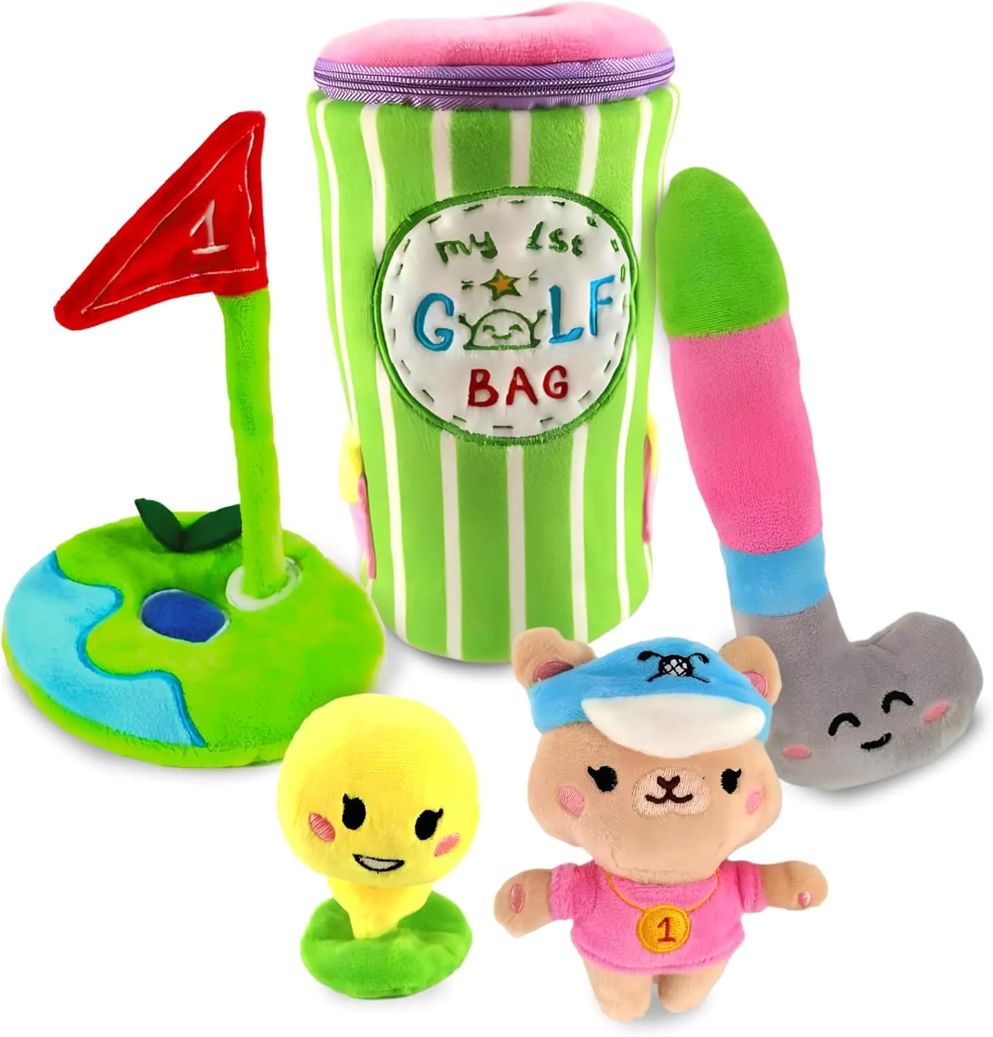 Skywin-My First Golf Bag, Baby Golf Toy, 6 ct Developmental and Sensory Baby Golf Set Inc Plush Golf Club, Ball, Mug, Goal, Teddy Bear and Bracket