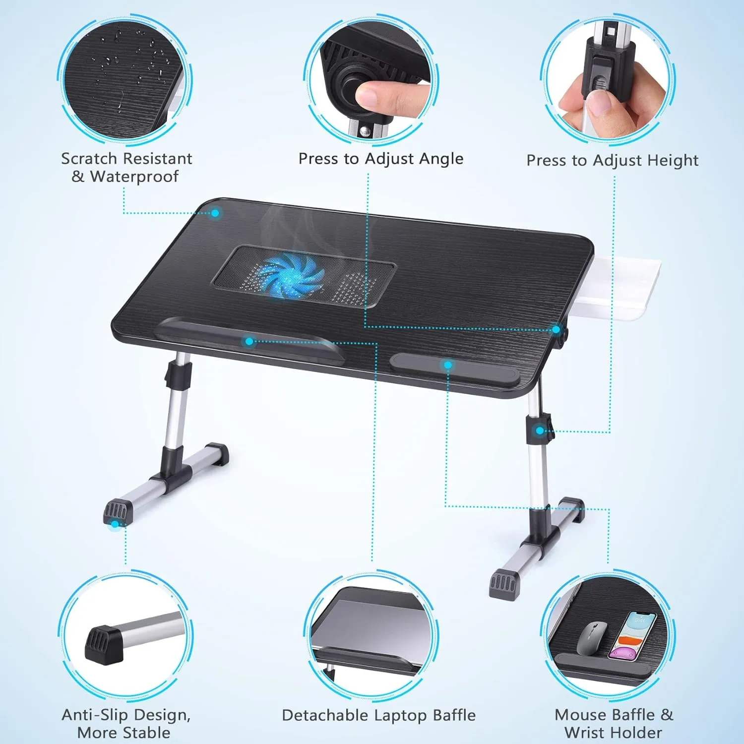 Slendor Laptop Desk Adjustable Laptop Stand Foldable Bed Table Portable Lap Desk Folding Notebook Stand Reading and Writing Holder Breakfast Tray with Drawer and Cooling Fan for Bed Couch Sofa Floor