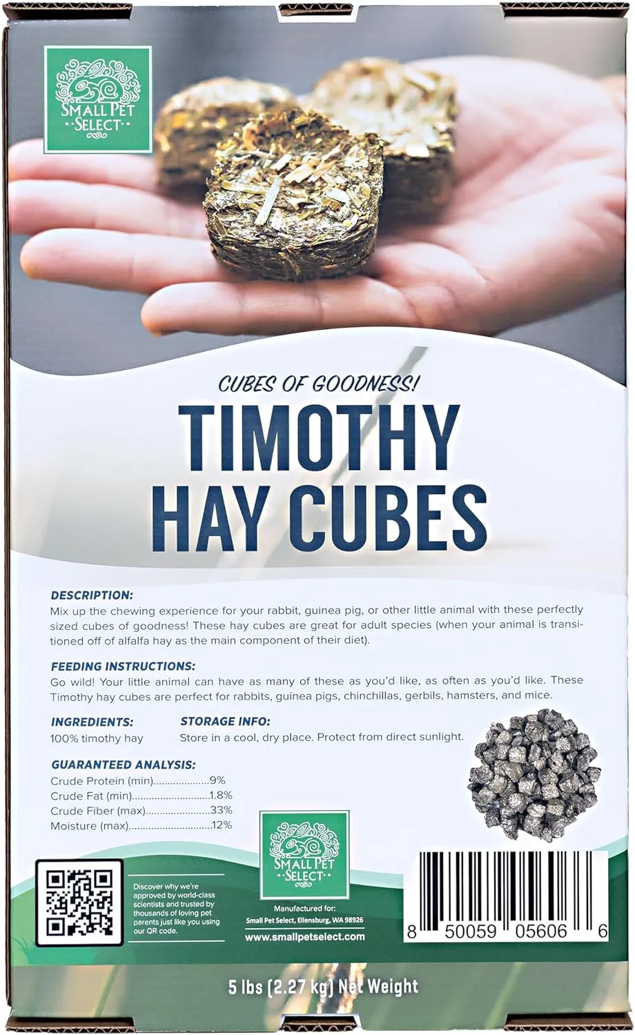 Small Pet Select - Straight Timothy Hay Cubes - 100% All Natural Timothy Hay, Not Blended - Delivered Fresh, Guarantee, (5 lb)