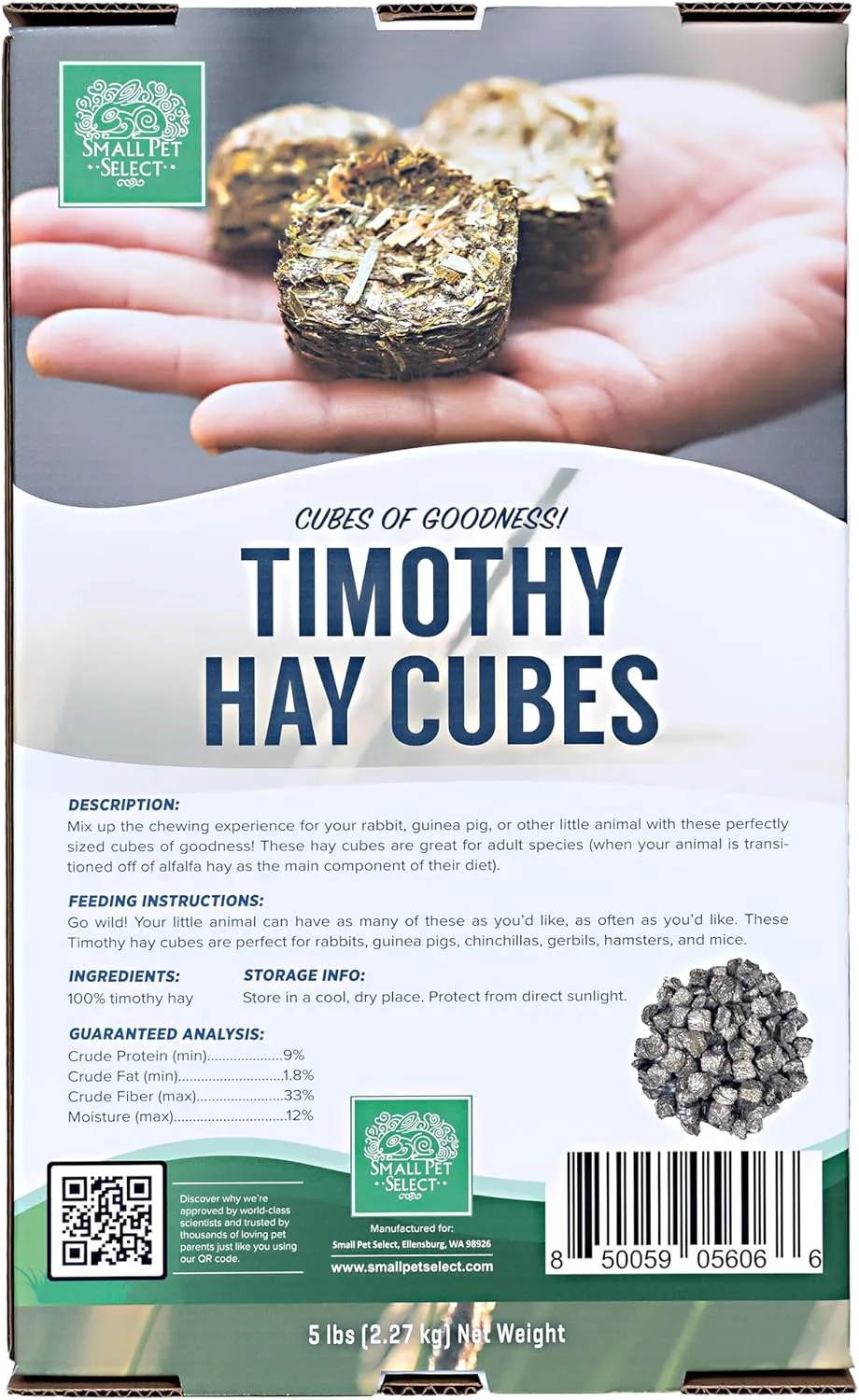 Small Pet Select - Straight Timothy Hay Cubes - 100% All Natural Timothy Hay, Not Blended - Delivered Fresh, Guarantee, (5 lb)