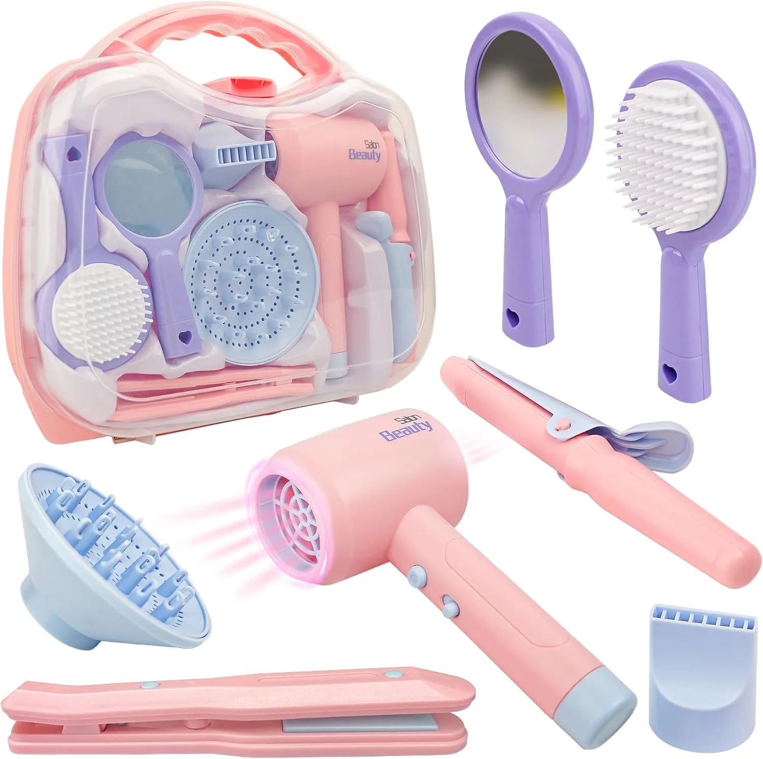 SMILESSKIDDO Hair Salon Toys for Girls - Pretend Play Hair Styling Toy Set with Realistic Blow Dryer, Hair Straightener and Accessories, Christmas & Birthday Gift