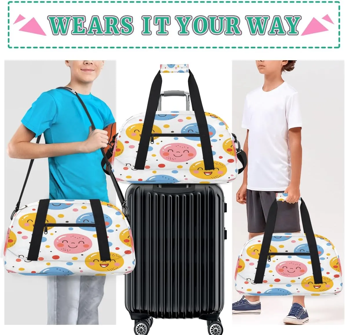 Smiling Face Kids Overnighter Duffel Bags for Boys, Carry-On Size Sports Gym Bag with Front Zipper Pocket for School Practice or Overnight Travel Weekender Sleepover Tote Bag