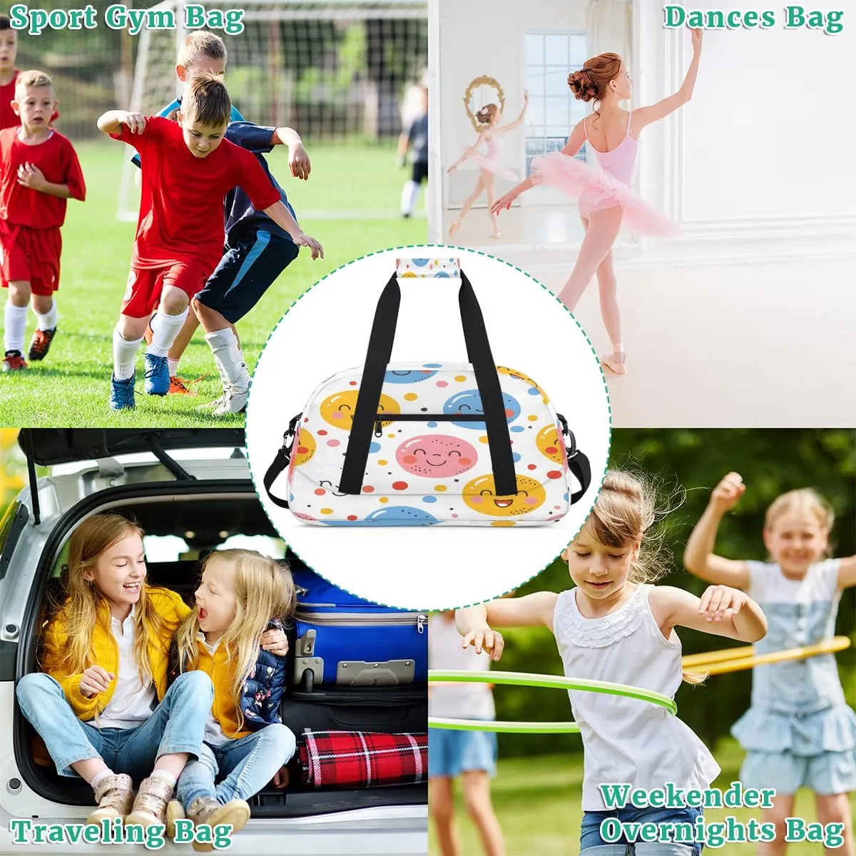 Smiling Face Kids Overnighter Duffel Bags for Boys, Carry-On Size Sports Gym Bag with Front Zipper Pocket for School Practice or Overnight Travel Weekender Sleepover Tote Bag