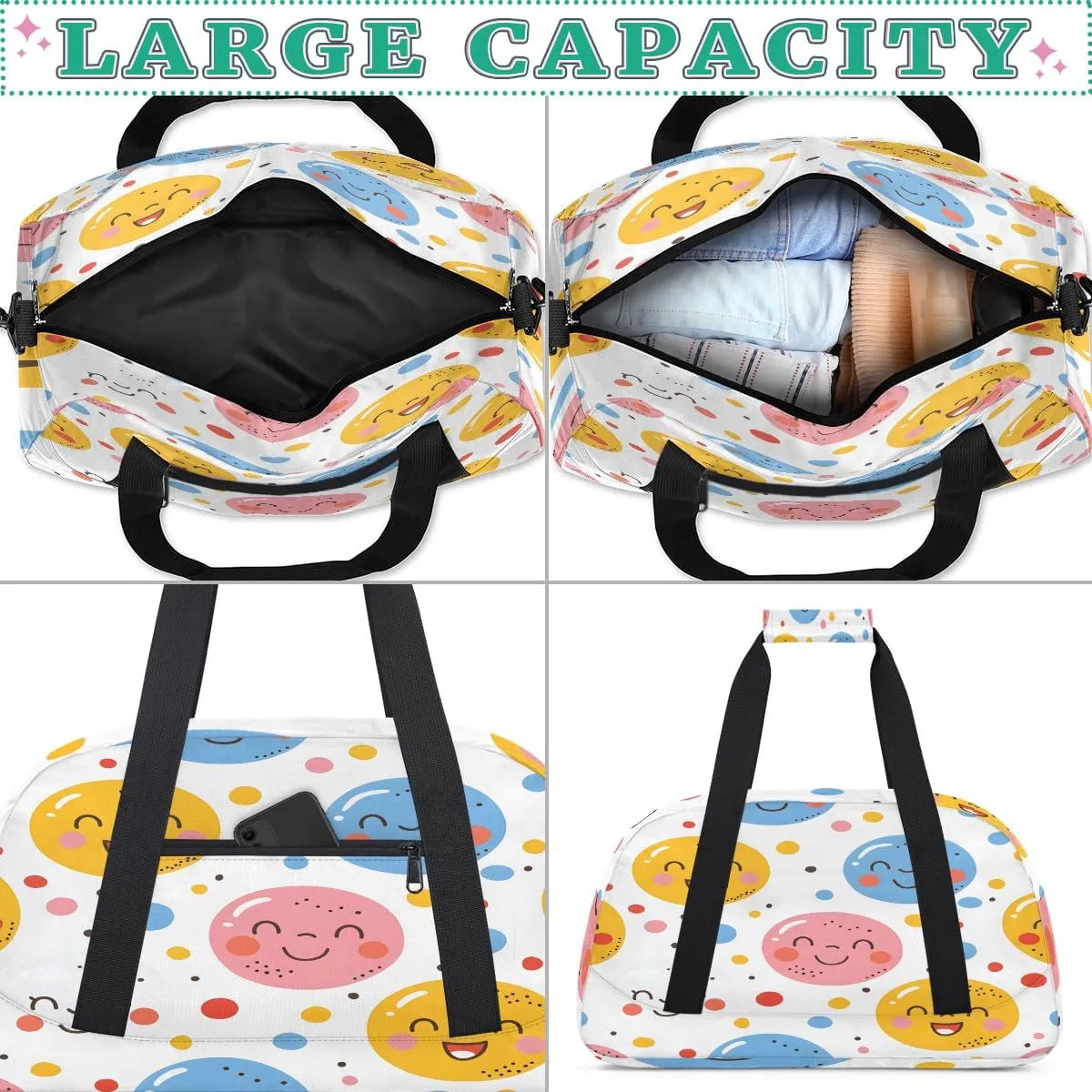 Smiling Face Kids Overnighter Duffel Bags for Boys, Carry-On Size Sports Gym Bag with Front Zipper Pocket for School Practice or Overnight Travel Weekender Sleepover Tote Bag
