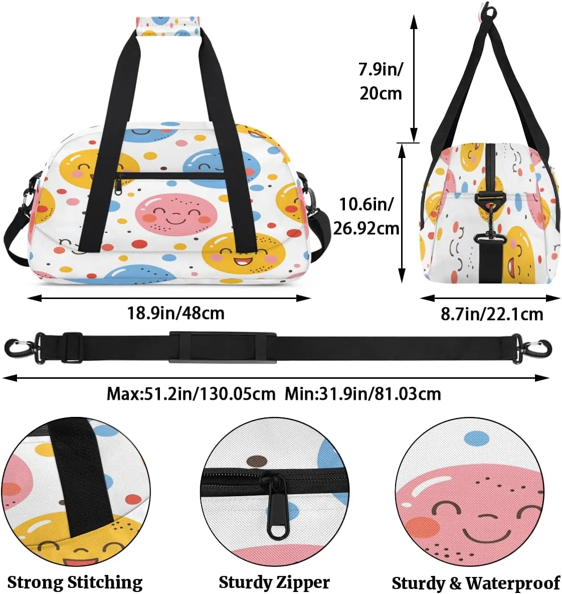 Smiling Face Kids Overnighter Duffel Bags for Boys, Carry-On Size Sports Gym Bag with Front Zipper Pocket for School Practice or Overnight Travel Weekender Sleepover Tote Bag