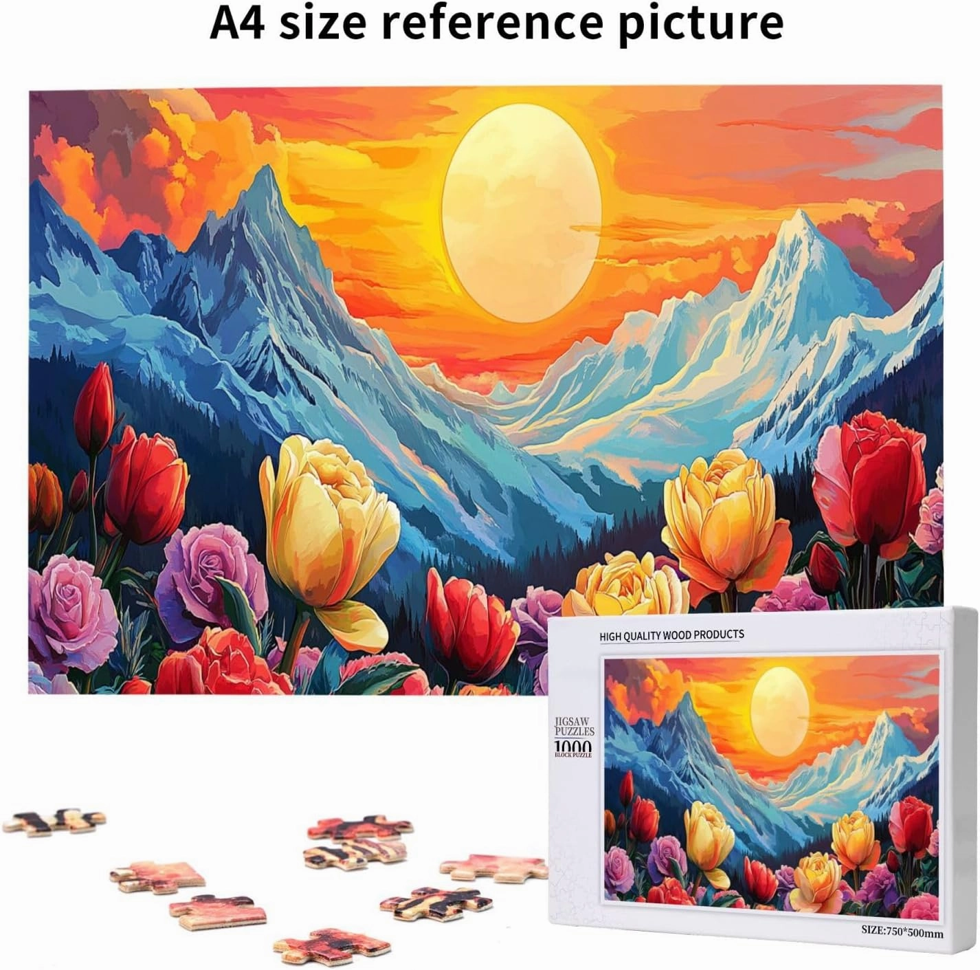 Snowy Mountains and Tulip Valleys，1000 Pcs Wooden Jigsaw Puzzles for Adults,Let Your Imagination Run Wild，Brainstorming for Stress Relief，Forget The Troubles of Life，Enjoy The Process