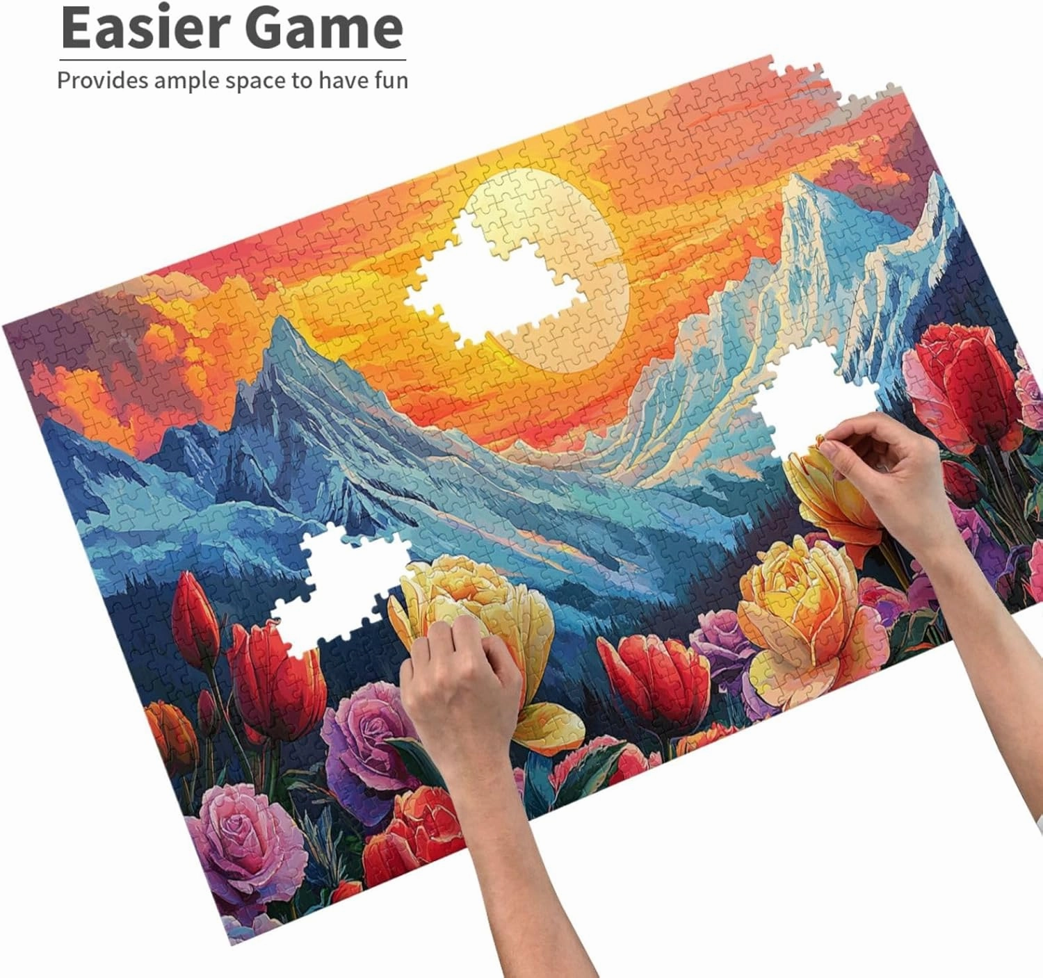 Snowy Mountains and Tulip Valleys，1000 Pcs Wooden Jigsaw Puzzles for Adults,Let Your Imagination Run Wild，Brainstorming for Stress Relief，Forget The Troubles of Life，Enjoy The Process
