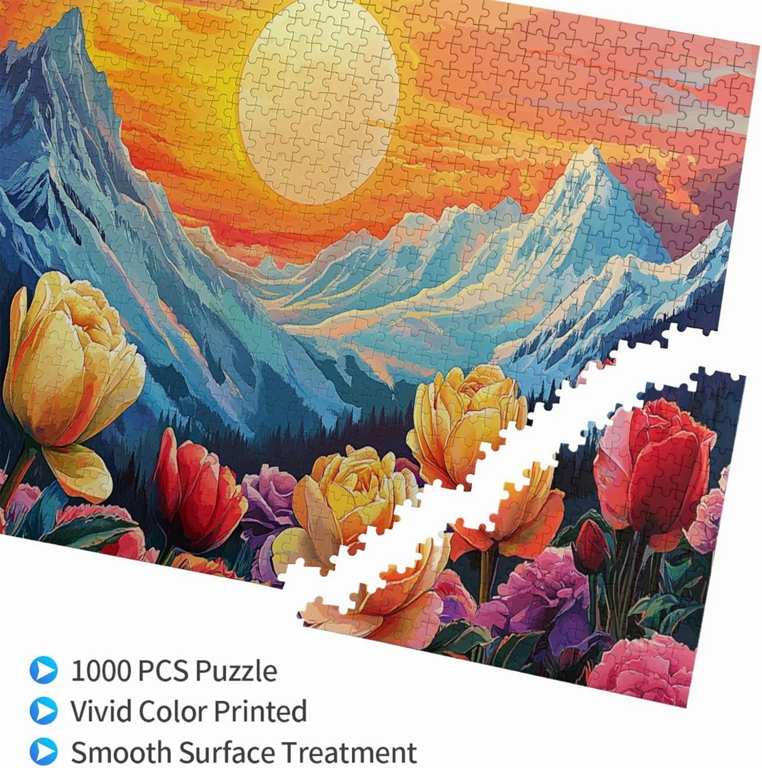 Snowy Mountains and Tulip Valleys，1000 Pcs Wooden Jigsaw Puzzles for Adults,Let Your Imagination Run Wild，Brainstorming for Stress Relief，Forget The Troubles of Life，Enjoy The Process