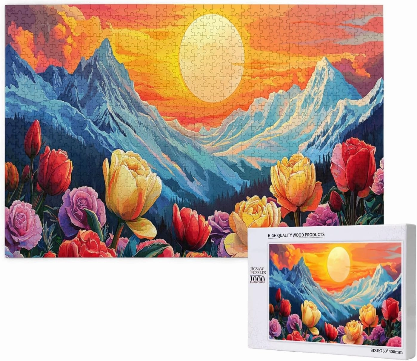 Snowy Mountains and Tulip Valleys，1000 Pcs Wooden Jigsaw Puzzles for Adults,Let Your Imagination Run Wild，Brainstorming for Stress Relief，Forget The Troubles of Life，Enjoy The Process