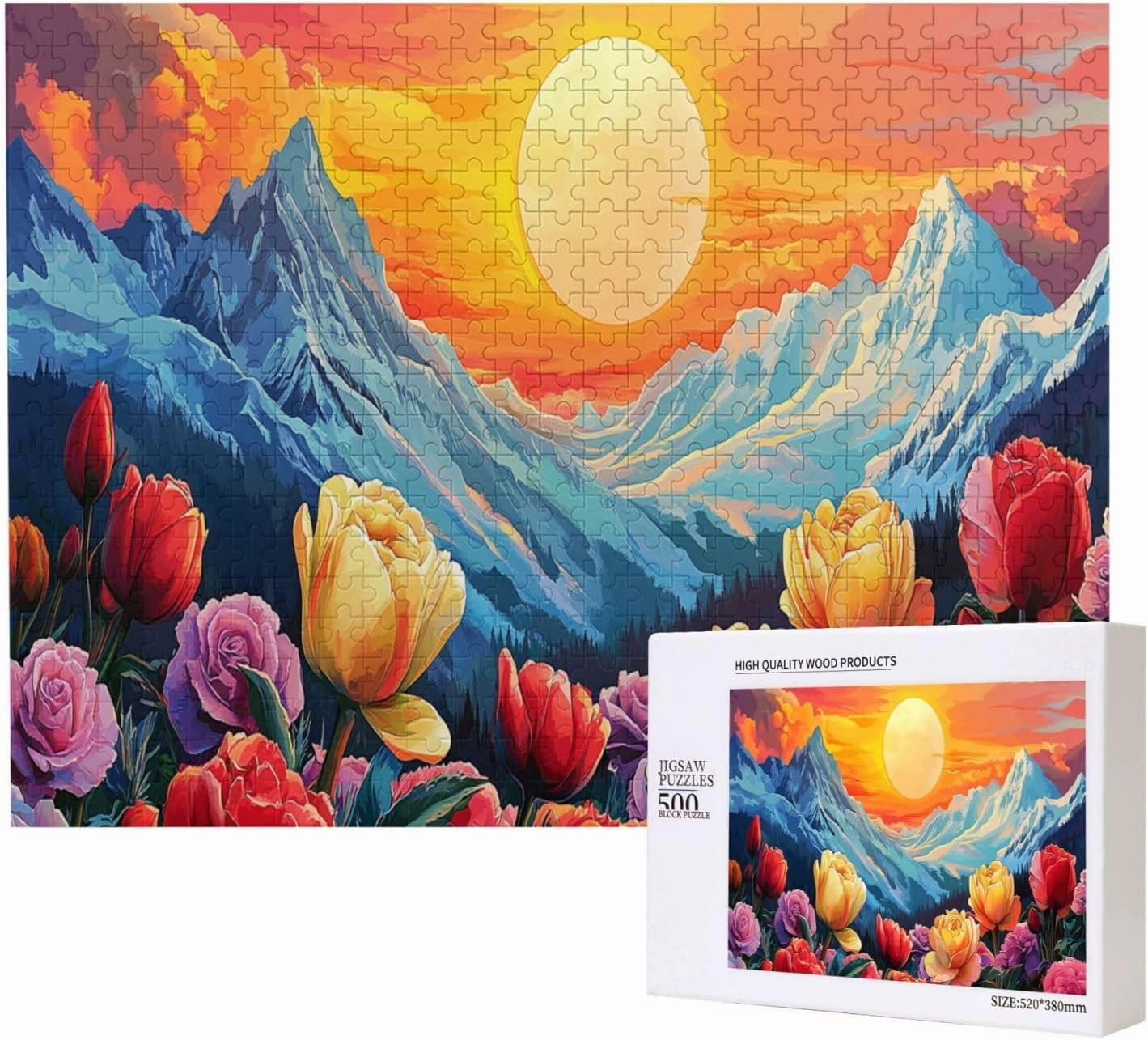 Snowy Mountains and Tulip Valleys，500 Pcs Wooden Jigsaw Puzzles for Adults,Let Your Imagination Run Wild，Brainstorming for Stress Relief，Forget The Troubles of Life，Enjoy The Process